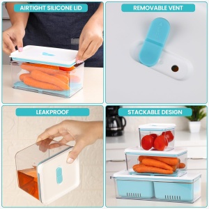 Set 3 cutii depozitare alimente Belle Vous, din plastic fara BPA, depozitare frigider, pentru fructe si legume, capace etanse si tavi de scurgere detasabile, Albastru/Transparent - Img 3