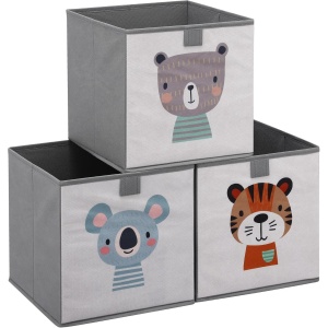Set 3 cutii depozitare pentru copii Navaris, 28 x 28 x 28 cm, polipropilena/carton, design cu animalute, pliabile, Gri