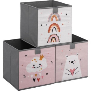 Set 3 cutii depozitare pentru copii Navaris, 28 x 28 x 28 cm, polipropilena/carton, pliabile, Multicolor