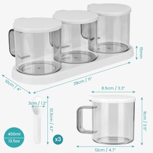 Set 3 recipiente condimente Belle Vous, 400 ml, capace tip flip, maner si lingurite, tavita, pentru sare, piper, zahar si condimente, Transparent/Alb - Img 6