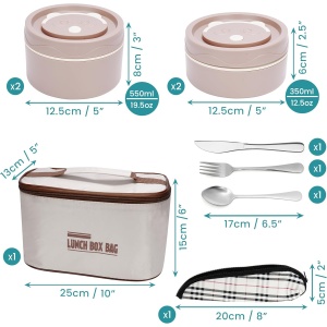 Set 4 cutii de pranz Belle Vous, din plastic si otel inoxidabil, cu capac etans, geanta termoizolanta si tacamuri, 350/550 ml, Maro - Img 5