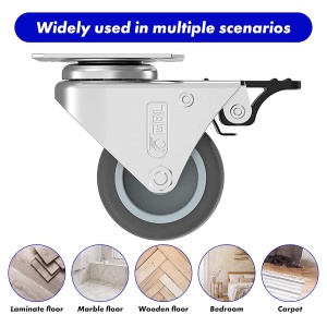 Set 4 roti duble pivotante GBL, 50 mm, pivotante 360°, sarcina maxima de incarcare 200kg, sistem de franare, poliuretan, Gri - Img 2