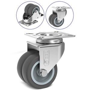 Set 4 roti duble pivotante GBL, 50 mm, pivotante 360°, sarcina maxima de incarcare 200kg, poliuretan, Gri - Img 3