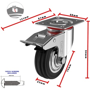 Set 4 roti universale GBL, pentru transport, 75 mm, pivotante 360°, sarcina maxima de incarcare 200 kg, cu 4 frane, din otel, Negru/Argintiu - Img 2