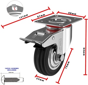 Set 4 roti universale GBL, pentru transport, 75 mm, pivotante 360°, sarcina maxima de incarcare 200 kg, cu 2 frane, din otel, Negru/Argintiu - Img 6
