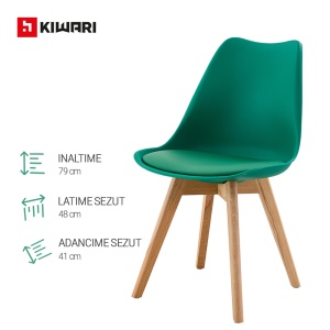 Set 4 Scaune Living/Bucatarie/Bar Kiwari® Riv, Sezut PP cu Pernuta PU, Picioare Lemn Fag, Inaltime Sezut 48 cm, Design Modern, Capacitate 120 kg, Verde - Img 3