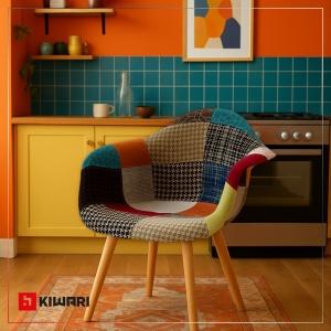 Set 4 Scaune Living/Bucatarie Kiwari® Milo Patchwork, Sezut Spuma, Picioare Lemn Fag, Inaltime Sezut 46 cm, Design Modern, Capacitate 120 kg, Multicolor - Img 6