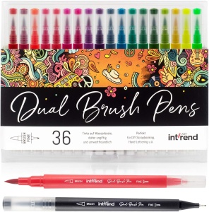 Set 41 piese Intrend 36 creioane tip carioca cu varf Flexibil tip Pensula, acuarela, 5 sabloane, perfecte Hobby, Desen, Caligrafie - Img 5