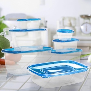 Set 51 caserole alimentare, FRESHLY CONTAINED, cu capace etanse, reutilizabile, diverse dimensiuni, din plastic, fara BPA, lavabile in masina de spalat vase, potrivite pentru cuptorul cu microunde si congelator, Albastru/Transparent - Img 5