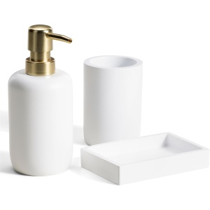 Set accesorii baie Navaris, 3 piese, dispenser sapun lichid 305 ml, suport periute dinti si sapuniera, din polirasina, Alb
