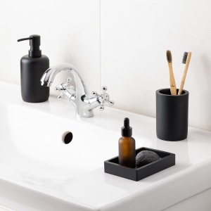 Set accesorii baie Navaris, 3 piese, dispenser sapun lichid 305 ml, suport periute dinti si sapuniera, din polirasina, Negru - Img 3