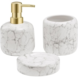 Set accesorii baie Navaris, 3 piese, dispenser sapun lichid, suport periute dinti si sapuniera, design marmura, din ceramica, Alb