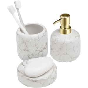Set accesorii baie Navaris, 3 piese, dispenser sapun lichid, suport periute dinti si sapuniera, design marmura, din ceramica, Alb - Img 7