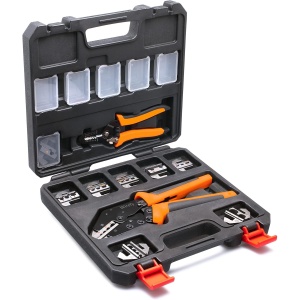 Set cleste sertizare Wirefy, 11 piese, mecanism clichet, 9 matrite interschimbabile, cleste dezizolare si taiere, pentru papuci si conectori electrici 0.14-25 mm², geanta pentru transport, Negru/Portocaliu