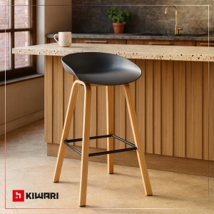 Set de 2 Scaune de Bar/Bucatarie Kiwari® Nok, Sezut PP, Picioare Metalice cu Aspect Lemn, Stil Modern Bucatarie/Dining, Inaltime 72 cm, Capacitate 120 kg, Gri - Img 5