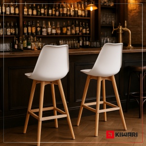 Set de 2 Scaune de Bar/Bucatarie Kiwari® Sama, Sezut PP, Picioare Lemn Fag, Design Modern Bucatarie/Dining, Inaltime 68 cm, Capacitate 120 kg, Alb - Img 3
