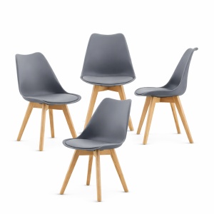 Set de 4 Scaune de Dining/Living Kiwari® Riv, Sezut PP cu Pernuta PU, Picioare Lemn Fag, Design Modern, Inaltime Sezut 48 cm, Capacitate 120 kg, Gri