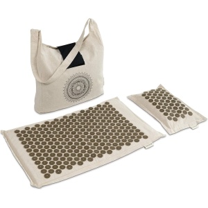 Set de masaj acupresura Navaris, perna si saltea, realizate din in ecologic, fibre de cocos si coji de hrisca, pentru reducerea tensiunii, relaxare profunda si revitalizare, geanta de trasnport, Bej - Img 2
