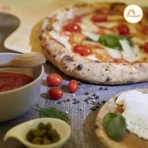 Set de pizza, piatra copt, lopata lemn si foaie de copt permanenta, Amazy, 38 cm x 30 cm x 1, 5 cm, Crem - Img 2