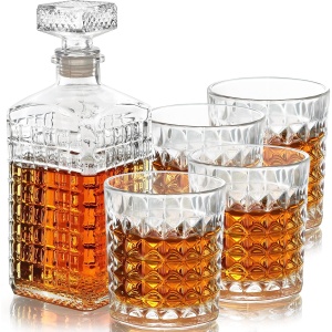 Set decantor si pahare Whisky Belle Vous, 5 piese, decantor 500 ml, 4 pahare 260 ml, sticla gravata model diamant, dop etans, Transparent