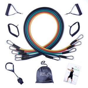 Set extensor benzi tubulare elastice, Ryher Sports, Rezistenta maxima combinata 45 kg, 11 buc, 5x126 cm, Latex, Multicolor, include saculet de transport + manual cu exercitii, Streching