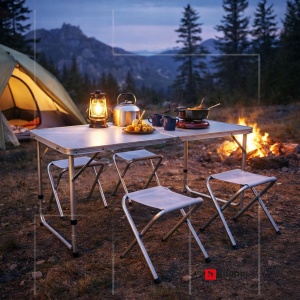 Set Mobilier Camping Kiwari® Camp, Masa 120 x 60 x 54-70 cm, 4 scaune 35 x 32 x 27.5 cm, Set Portabil si Pliabil Complet Picnic/Camping/Gradina/Terasa, Aluminiu/Plastic/Textil, Alb/Gri - Img 6