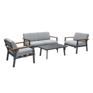 Set mobilier gradina Kiwari® Amalfi, 4 locuri, masa, canapea, si doua fotolii, masa 96 x 60 x 36 cm, canapea 78 x 138 x 72 cm, 2 fotolii 78 x 73.5 x 72 cm, cadru metal, sticla 5 mm, perne detasabile 11 cm, terasa/gradina, Gri