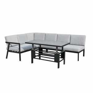 Set mobilier gradina Kiwari® Montverde, canapea coltar 6 locuri 72/67 x 166/160 x 60, masa reglabila 117 x 63.5 x 47-67 cm, cadru metal, perne detasabile 9 cm, terasa/gradina, Negru/Gri