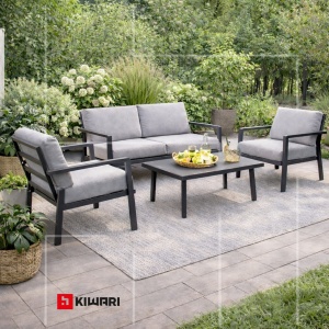 Set Mobilier Gradina Marbella Kiwari® 4 locuri, masa 90 x 50 x 40 cm, fotolii 70 x 73 x 75 cm canapea 130 x 73 x 75 cm, cadru metal, sticla 5 mm, perne detasabile 11 cm, Gri - Img 5