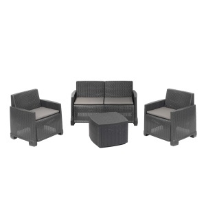 Set mobilier gradina/terasa, Progarden, COMO, 4 piese, polipropilena, antracit, canapea 2 locuri 129x66x74 cm, 2 scaune 72x66x74 cm, masa 53x53x40 cm, cu perne incluse