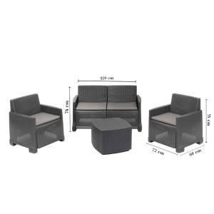 Set mobilier gradina/terasa, Progarden, COMO, 4 piese, polipropilena, antracit, canapea 2 locuri 129x66x74 cm, 2 scaune 72x66x74 cm, masa 53x53x40 cm, cu perne incluse - Img 3
