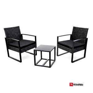 Set Mobilier Kiwari® Terrace, Masa 40 x 40 x 41 cm, 2 Scaune 59 x 63 x 73 cm, Grandina/Terasa/Balcon, Metal/Plastic/Ratan, Cu Perne Incluse, Negru