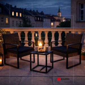 Set Mobilier Kiwari® Terrace, Masa 40 x 40 x 41 cm, 2 Scaune 59 x 63 x 73 cm, Grandina/Terasa/Balcon, Metal/Plastic/Ratan, Cu Perne Incluse, Negru - Img 5
