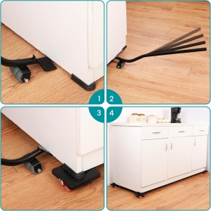 Set role transport mobilier Belle Vous, 4 platforme cu 16 roti 360°, levier ridicare, sarcina maxima de incarcare 400 kg, ABS + TPE, pentru mutare masina de spalat, frigider, canapea, Negru/Rosu - Img 4