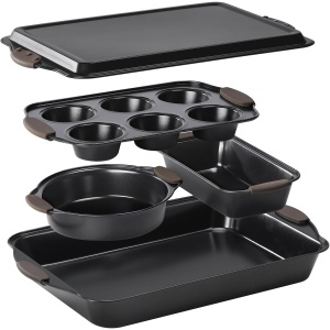 Set tavi pentru copt, Navaris, 5 piese, invelis antiaderent, marimi diverse, potrivite pentru briose, paine, pizza, din otel carbon, manere din silicon, Negru