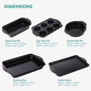 Set tavi pentru copt, Navaris, 5 piese, invelis antiaderent, marimi diverse, potrivite pentru briose, paine, pizza, din otel carbon, manere din silicon, Negru - Img 5