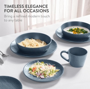 Set vesela din Ceramica Premium 16 piese, Navaris, pentru 4 persoane, design texturat, modern, compatibil cu masina de spalat si cuptor cu microunde, 2 tipuri de farfurii, boluri si cani, Albastru Fumuriu - Img 7