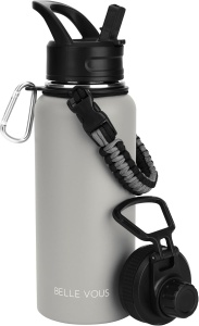 Sticla Termica de Apa, Belle Vous, din Otel Inoxidabil, 2 capace, 1L, Izolatie Dubla, ideala pentru drumetii, calatorii, camping, birou, Gri