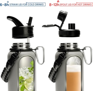 Sticla Termica de Apa, Belle Vous, din Otel Inoxidabil, 2 capace, 1L, Izolatie Dubla, ideala pentru drumetii, calatorii, camping, birou, Gri - Img 4