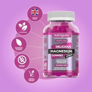 Supliment alimentar Magnesium Citrate Gummies, Nutrigums, citrat de Magneziu 1250 mg, Magneziu elementar 150 mg, Vitmanina C 80 mg, pentru vitalitate, energie si oase, vegan, aroma de fructe de padure, 60 de jeleuri - Img 2