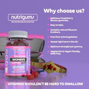 Supliment alimentar Women's Vitality Gummies, Nutrigums, Multivitamine, Probiotice, 19 nutrienti activi, pentru intestin, oase, energie, par, piele, vedere si imunitate, pentru femei, vegan, aroma de fructe de padure, 60 de jeleuri - Img 7