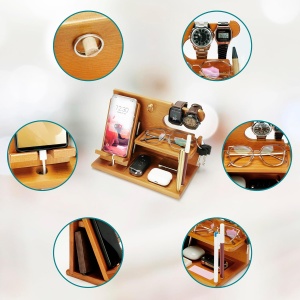 Suport de birou Belle Vous, organizator multifunctional, pentru telefon, ceas, ochelari, 26.5 x 15 x 18.5 cm, Maro deschis - Img 4