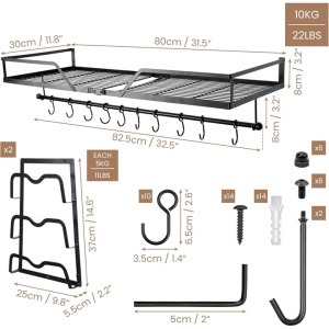 Suport Metalic Suspendat 3 in 1, Belle Vous, pentru ustensile de bucatarie, oale si capace, 80 x 30 x 8 cm, 10 carlige, Negru - Img 5