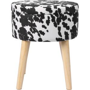 Taburet cu spatiu de depozitare Navaris, catifea, imprimeu animal, Alb/Negru, 42x35cm