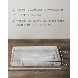 Tava decorativa din ceramica pentru baie si masa de toaleta, cu finisaj alb de marmura, pentru lumanari si bijuterii, Suport elegant pentru parfumuri si accesorii, 23 x 11.5 x 2.5 cm - Img 6