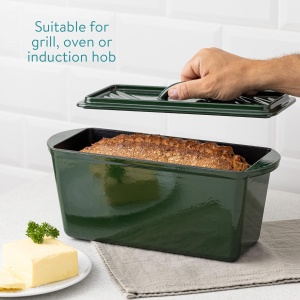 Tava pentru copt din fonta cu capac Navaris, tip cuptor olandez, pentru coacere si gatire, emailat, verde, 34x13x13 cm - Img 6