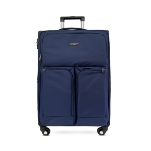 Troler cabina textil, Rorik® Explorer, bagaj de mana, valiza fermoar cifru antifurt, roti 360°, geamantan maner telescopic, troller expandabil, Albastru