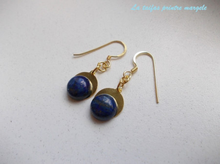 Cercei bănuţ din argint placat cu aur cu lapis lazuli rotund - Img 2