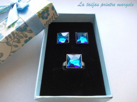 Strerling silver earrings and ajustable ring with square-shaped Swarovski Crystals Bermuda Blue - Img 5