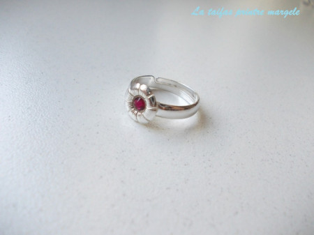 Inel reglabil din argint floare cu rhinestone Swarovski ruby - Img 2